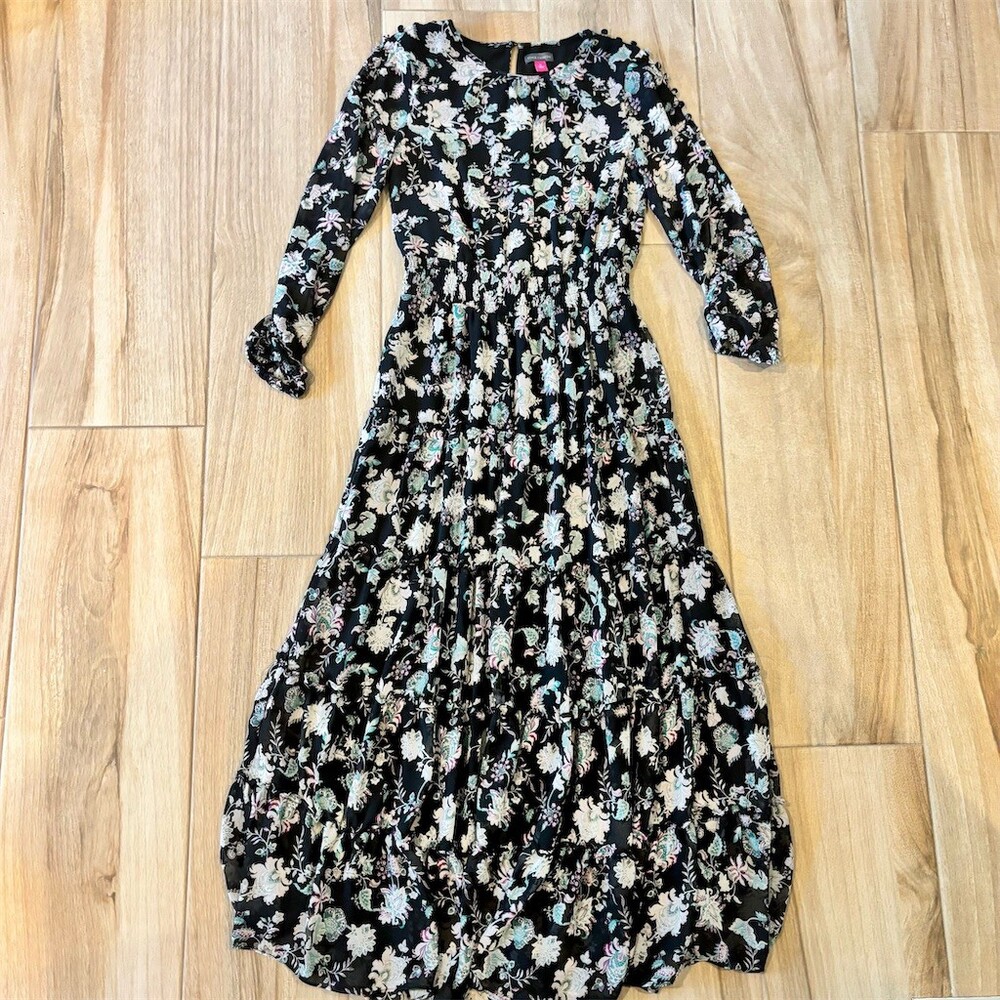 Vince Camuto Maxi Dress Womens Size S Black Floral Long Sleeve Smocked